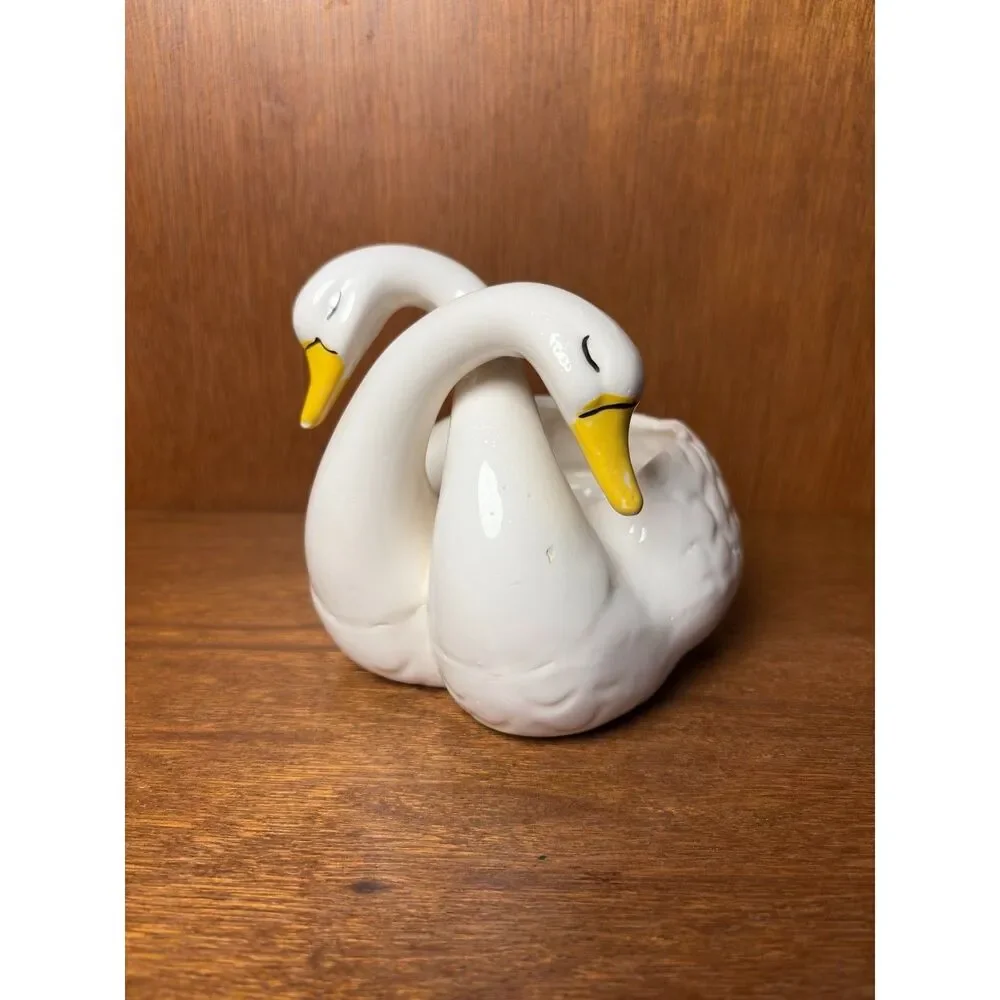 Vintage White Ceramic Double Swan Lovebird Dish Planter Intertwined Necks